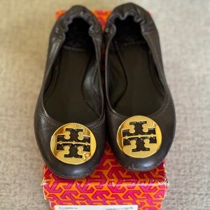 Tory Burch Reva Ballet Flat- Brown with Gold Logo